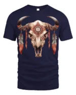 Boho Tribal Bull Skull Feather Graphic T Shirt Western Style - navy t-shirt on white background