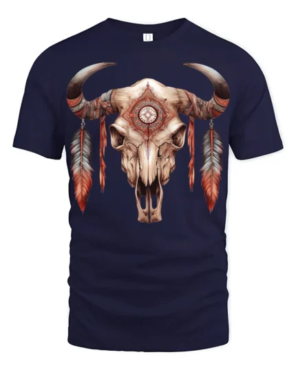 Boho Tribal Bull Skull Feather Graphic T Shirt Western Style - navy t-shirt on white background