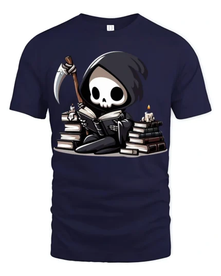 Cute Grim Reaper Reading Books Funny Dark Humor T Shirt - navy t-shirt on white background