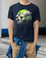 Futuristic Cyberpunk Skull T Shirt With Neon Tech Helmet - model wearing navy tee with hands in pockets