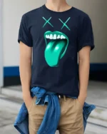 Funny Dead Face Tongue Out Graphic T Shirt Cool Street Style - model wearing navy tee with hands in pockets