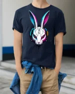 Futuristic Cyber Bunny Robot Graphic T Shirt Neon Tech Style - model wearing navy tee with hands in pockets