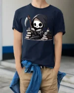 Cute Grim Reaper Reading Books Funny Dark Humor T Shirt - model wearing navy tee with hands in pockets