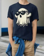 Cool Ghost With Sunglasses Funny Halloween Graphic T Shirt - model wearing navy tee with hands in pockets