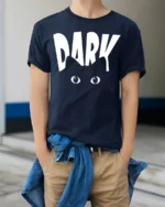 Funny Dark Eyes Minimalist Humor Graphic T Shirt - model wearing navy tee with hands in pockets