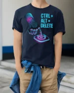 Funny Ctrl Alt Delete Tech Humor Programmer Graphic T Shirt - model wearing navy tee with hands in pockets