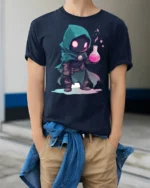 Cute Fantasy Alchemist Wizard Potion Graphic T Shirt - model wearing navy tee with hands in pockets