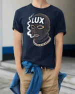 Luxury Ski Mask Graphic T Shirt With Gold Chain Street Style - model wearing navy tee with hands in pockets