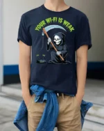 Funny Your WiFi Is Weak Grim Reaper Internet Humor T Shirt - model wearing navy tee with hands in pockets