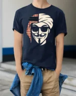 Arabian Anonymous Mask Graphic T Shirt Bold Desert Rebel Tee - model wearing navy tee with hands in pockets