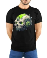 Futuristic Cyberpunk Skull T Shirt With Neon Tech Helmet - model wearing black tee with hands behind back