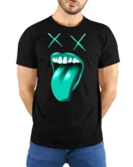 Funny Dead Face Tongue Out Graphic T Shirt Cool Street Style - model wearing black tee with hands behind back