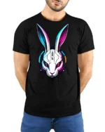 Futuristic Cyber Bunny Robot Graphic T Shirt Neon Tech Style - model wearing black tee with hands behind back