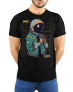 Charging Astronaut Graphic T Shirt Futuristic Space Humor Tee - model wearing black tee with hands behind back