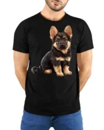Cute German Shepherd Puppy Graphic T Shirt Dog Lover Tee - model wearing black tee with hands behind back