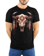 Boho Tribal Bull Skull Feather Graphic T Shirt Western Style - model wearing black tee with hands behind back