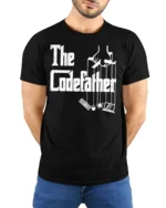 Funny The Codefather Programmer Humor Coding Graphic T Shirt - model wearing black tee with hands behind back
