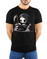 Cute Grim Reaper Reading Books Funny Dark Humor T Shirt - model wearing black tee with hands behind back