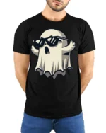Cool Ghost With Sunglasses Funny Halloween Graphic T Shirt - model wearing black tee with hands behind back