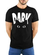 Funny Dark Eyes Minimalist Humor Graphic T Shirt - model wearing black tee with hands behind back