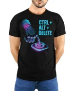 Funny Ctrl Alt Delete Tech Humor Programmer Graphic T Shirt - model wearing black tee with hands behind back