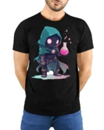 Cute Fantasy Alchemist Wizard Potion Graphic T Shirt - model wearing black tee with hands behind back