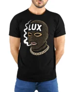 Luxury Ski Mask Graphic T Shirt With Gold Chain Street Style - model wearing black tee with hands behind back