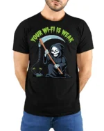 Funny Your WiFi Is Weak Grim Reaper Internet Humor T Shirt - model wearing black tee with hands behind back