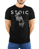 Stoic Philosophy Roman Statue Graphic T Shirt Minimalist Tee - model wearing black tee with hands behind back