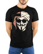 Arabian Anonymous Mask Graphic T Shirt Bold Desert Rebel Tee - model wearing black tee with hands behind back