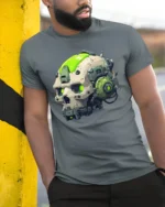 Futuristic Cyberpunk Skull T Shirt With Neon Tech Helmet - model wearing grey tee, leaning on column
