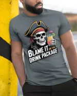 Funny Pirate Skull Blame It On The Drink Package T Shirt - model wearing grey tee, leaning on column