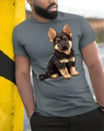 Cute German Shepherd Puppy Graphic T Shirt Dog Lover Tee - model wearing grey tee, leaning on column