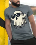 Cool Ghost With Sunglasses Funny Halloween Graphic T Shirt - model wearing grey tee, leaning on column