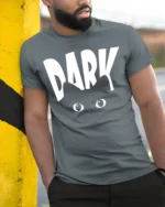 Funny Dark Eyes Minimalist Humor Graphic T Shirt - model wearing grey tee, leaning on column