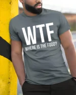 Funny WTF Where Is The Food Hungry Humor Graphic T Shirt - model wearing grey tee, leaning on column