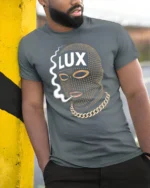 Luxury Ski Mask Graphic T Shirt With Gold Chain Street Style - model wearing grey tee, leaning on column