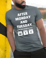 Funny After Monday Tuesday WTF Calendar Joke Graphic T Shirt - model wearing grey tee, leaning on column