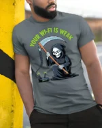 Funny Your WiFi Is Weak Grim Reaper Internet Humor T Shirt - model wearing grey tee, leaning on column