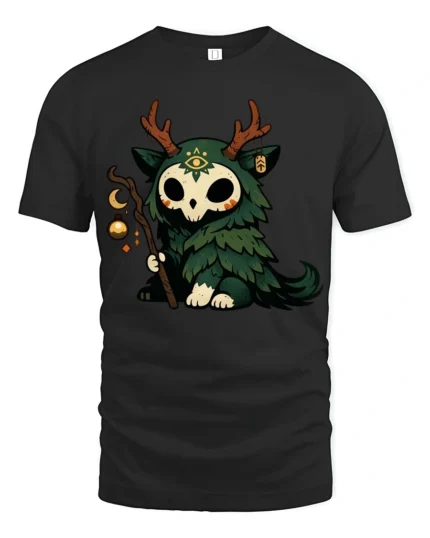 Cute Forest Spirit Skull Creature Magic Staff Cartoon T Shirt - black t-shirt on white background