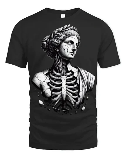 Gothic Broken Greek Statue Skeleton Dark Art Graphic T Shirt - black t-shirt on white background