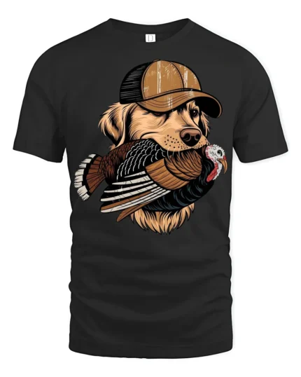 Funny Hunting Dog With Turkey Hunter Graphic T Shirt - black t-shirt on white background