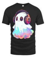 Cute Rainbow Ghost With Headphones Kawaii Music Lover T Shirt - black t-shirt on white background