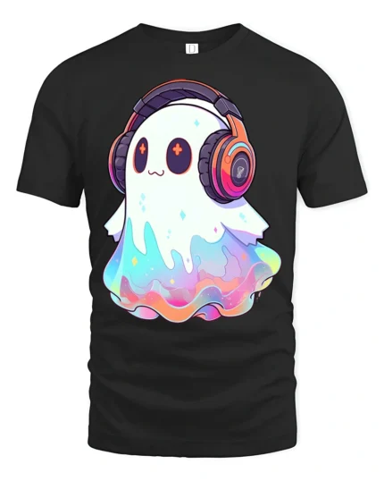 Cute Rainbow Ghost With Headphones Kawaii Music Lover T Shirt - black t-shirt on white background