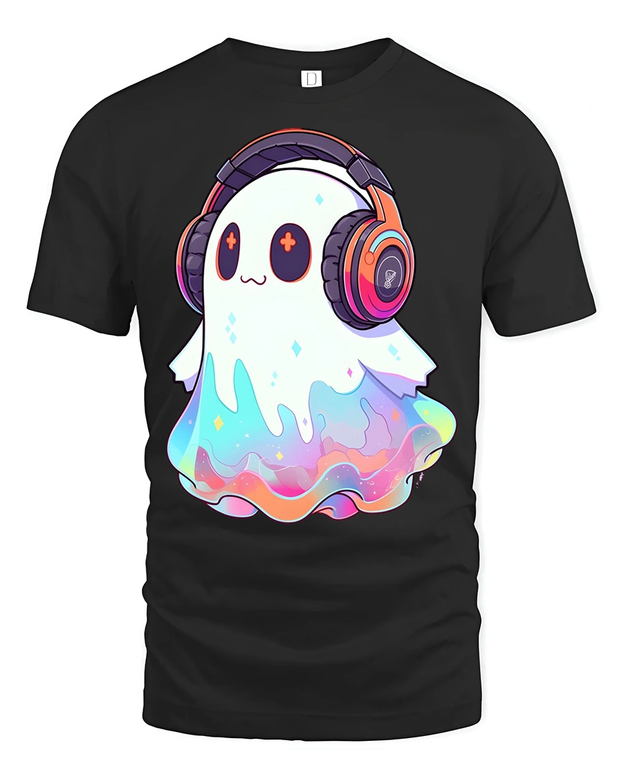 Cute Rainbow Ghost With Headphones Kawaii Music Lover T Shirt - 1 Cute Rainbow Ghost With Headphones Kawaii Music Lover T Shirt - black t-shirt on white background