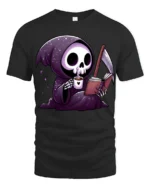 Cute Grim Reaper Reading Book And Drinking Coffee T Shirt - black t-shirt on white background