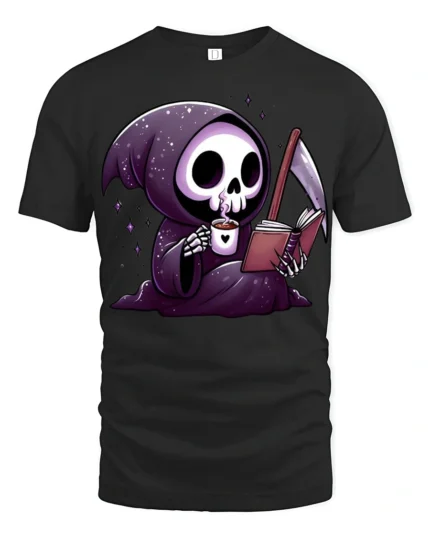 Cute Grim Reaper Reading Book And Drinking Coffee T Shirt - black t-shirt on white background