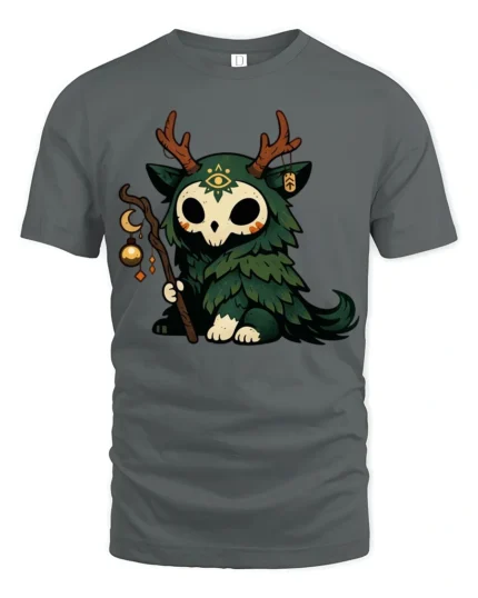 Cute Forest Spirit Skull Creature Magic Staff Cartoon T Shirt - gray t-shirt on white background