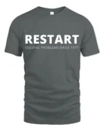 Restart Solving Problems Since 1977 Funny Tech Humor T Shirt - gray t-shirt on white background