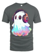 Cute Rainbow Ghost With Headphones Kawaii Music Lover T Shirt - gray t-shirt on white background